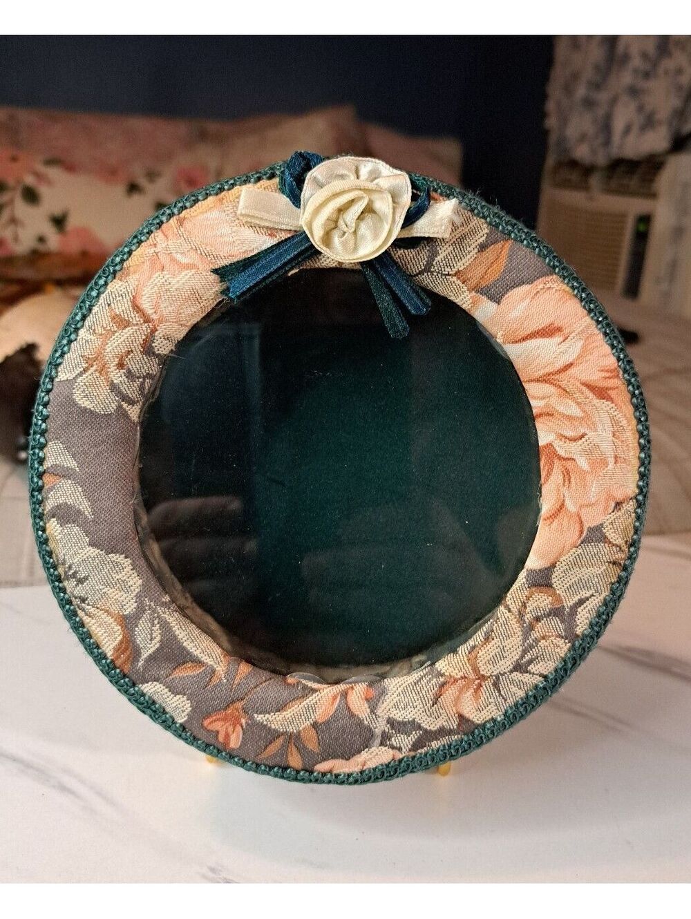Vintage 1990s Floral Tapestry Glass Top Ribbon & Rose Trinket/Keepsake Box 6.5"